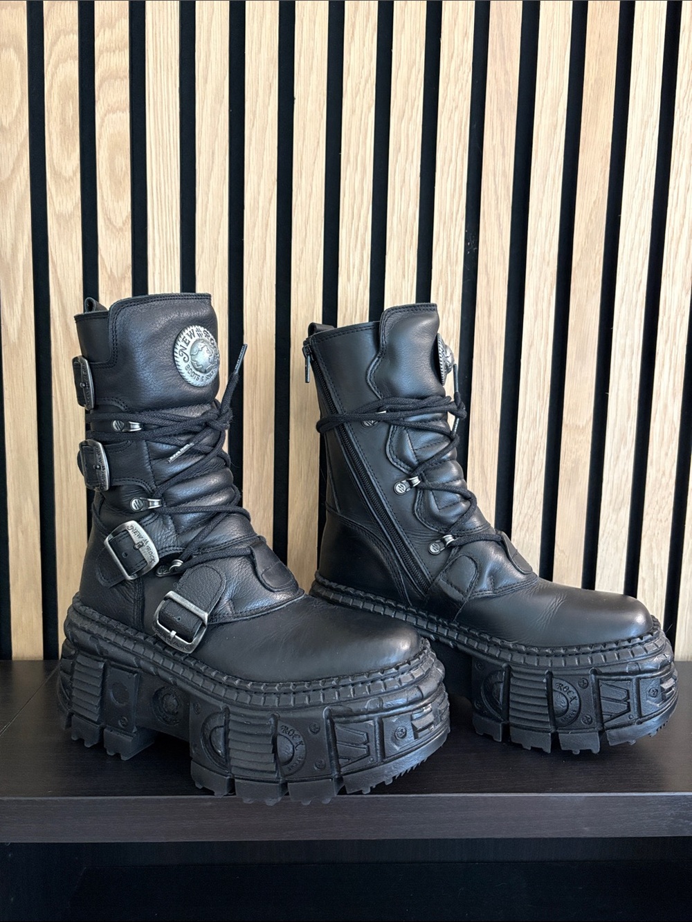 New Rock Black Leather Platform Combat Boots